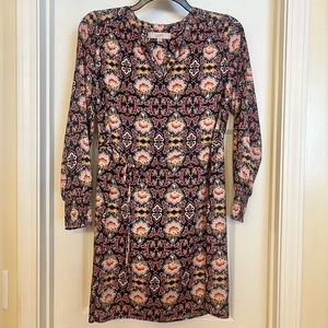 LOFT Paisley Patterned Long Sleeve V Neck Dress with Tie Waist